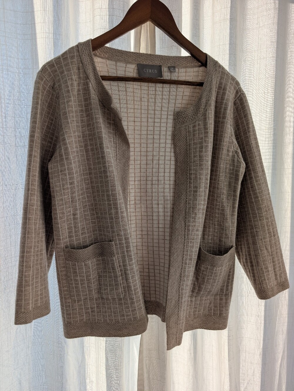 Cyrus Open-Front Taupe Grid Knit Cardigan